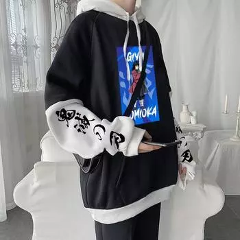 Tomioka Giyuu Demon Slayer Манга толстовки унисекс зимняя уличная толстовка с графическим принтом для мужчин и женщин лоскутные теплые подростковые трендовые толстовки S чёрный