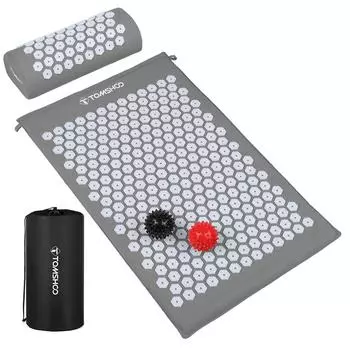 TOMSHOO Акупрессурный коврик и подушка для массажа с сумкой для расслабления мышц и снятия стресса серый/белый