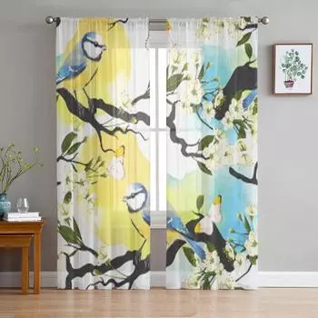Tomtit On Blooming Cherry Branch Luxurious Chiffon Sheer Curtains for Living Room Bedroom Decoration Window Voiles Tulle Curtain 135W x 114H(cm)