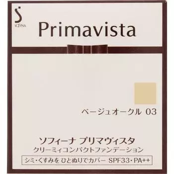 Тональная основа Kao Sofina Prima Vista Creamy Compact, бежевая охра 03 (жидкость, гель, крем) (1) Используйте после кондиционирования кожи с помощью Primavista m.