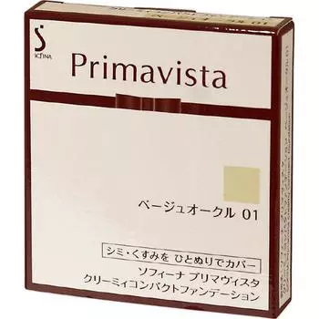 Тональная основа Kao Sofina Prima Vista Creamy Compact, бежевая охра 01 (жидкость, гель, крем) (1) Используйте после кондиционирования кожи с помощью Primavista m.