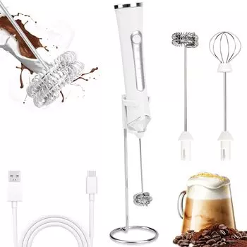 TonJin Milk Frother USB C перезаряжаемый модернизированный вариант портативный вспениватель 304 2 вспенивателя из нержавеющей стали 1 подставка 3 скорости электрический вспениватель кофе