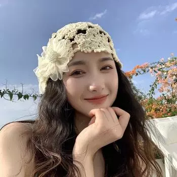 Тонкая ажурная шапка ручной работы, вязаная крючком, летний платок, головной убор, весенне-осенняя модная шерстяная шапка с кружевом и цветком Average size (54-59cm) бежевый
