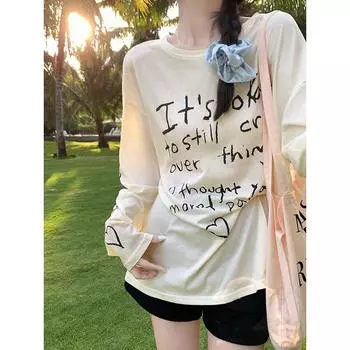 Тонкая блузка с круглым вырезом и буквенным принтом, летняя футболка с длинными рукавами, женская свободная повседневная универсальная футболка в стиле ленивой моды S