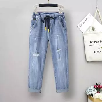 Тонкая часть сломанных дырок Джинсы с зауженными штанинами Джинсы большого размера Женские эластичные брюки с высокой талией Брюки с зауженными штанинами Модели на осень Увеличенные L светло-синий