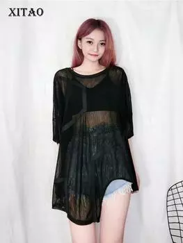 Тонкая черная футболка XITAO нестандартной формы DZL1184 One Size чёрный