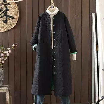 Тонкая длинная хлопковая куртка в повседневном стиле, универсальная для поездок на работу, однотонная, оверсайз, свободного кроя, с длинным рукавом, женское стеганое пальто XXL чёрный