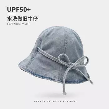 Тонкая джинсовая шляпа-ведро, женская летняя солнцезащитная шляпа-купол, бант, ретро-шляпа с затенением Adjustable [about 56-59cm] темно-синий