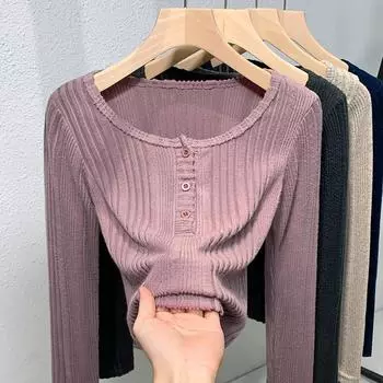 Тонкая футболка с длинным рукавом и U-образным вырезом для женщин, новая коллекция весна-осень, женская рубашка с внутренней отделкой спереди и на плечах, трикотажный топ S розовый