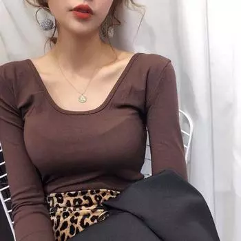 Тонкая футболка с длинным рукавом с U-образным вырезом, женская весенняя однотонная рубашка с верхом и низом M белый