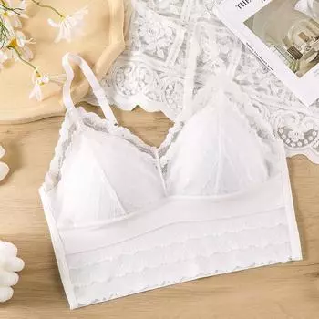 Тонкая и красивая спинка с кружевной оберткой на груди без стального кольца Латексная фиксированная чашка Дышащий антибактериальный жилет со сборками внизу для женского бюстгальтера L белый