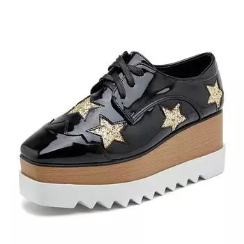Тонкая и универсальная повседневная обувь весны 2024 года, новая толстая подошва со звездами и бисквитной подошвой, женские туфли на шнуровке на наклонном каблуке в британском стиле HZB 34