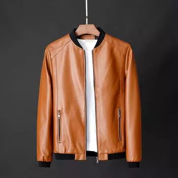 Тонкая кожаная куртка Мужская мода Мото Байкер Ветрозащитная повседневная кожаная куртка Мотоциклетное кожаное пальто из искусственной кожи L оранжевый/коричневый