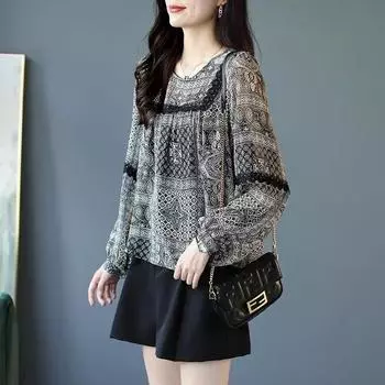 Тонкая кружевная лоскутная шифоновая рубашка с принтом, новый топ с длинными рукавами, свободная весенне-летняя женская одежда S-4XL XXL чёрный