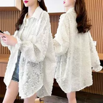 Тонкая куртка женская осенняя солнцезащитная женская рубашка больших размеров свободная кружевная однотонная универсальная повседневная куртка M белый