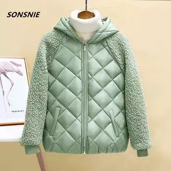 Тонкая легкая пуховая хлопковая куртка женское короткое пальто осень-зима женская 2023 новая свободная хлопковая куртка с капюшоном из искусственной шерсти ягненка XL белый