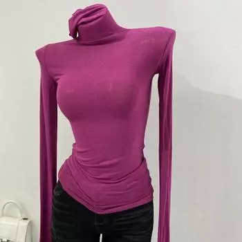 Тонкая мягкая американская футболка с длинным рукавом, высокий воротник, облегающая перспективная нижняя рубашка, женские облегающие топы, сексуальная уличная одежда Onesize абрикосовый