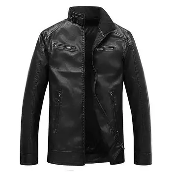 Тонкая мужская куртка из искусственной кожи с воротником-стойкой в полоску и двойной молнией на весну и осень, большой размер, кожаная куртка Locomotive M