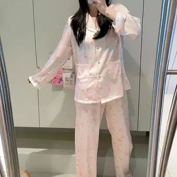 Тонкая пижама женская весна и осень новые брюки из ледяного шелка с длинным рукавом жаккардовая домашняя одежда комплект из двух предметов для верхней одежды M розовый