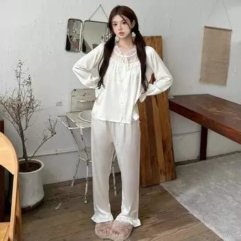 Тонкая пижама женская весна и осень новые милые и симпатичные брюки с длинным рукавом домашняя одежда костюм M бежевый
