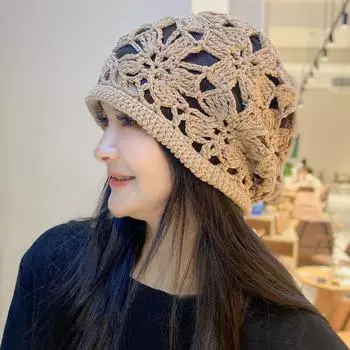 Тонкая полая шапка женская белая шерстяная шапка 2024 новая весенне-летняя модная теплая ворсовая шапка ручной вязки one size fits all хаки