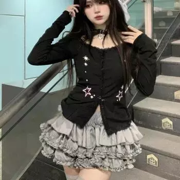 Тонкая, популярная, милая, кружевная, лоскутная, с принтом звезд, футболка, женская одежда, с длинным рукавом, Harajuku Y2k, кардиган, футболка Femme, 90 s S чёрный