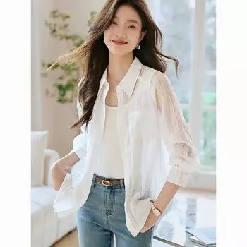 Тонкая рубашка с длинными рукавами и солнцезащитным кремом с летней текстурой, повседневная свободная куртка из тенселя в полоску S