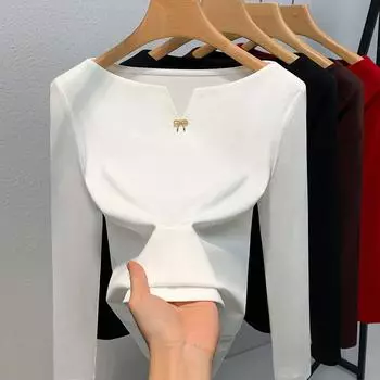Тонкая рубашка с низом, женская новая женская одежда, темперамент, одно слово, плечо, длинный рукав, футболка, ретро, внутренняя часть талии, топ S
