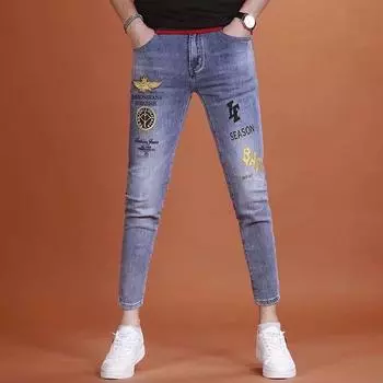 Тонкая секция высококачественных джинсов с вышивкой, мужские весенне-летние тонкие повседневные эластичные длинные брюки для мужчин 28 синий