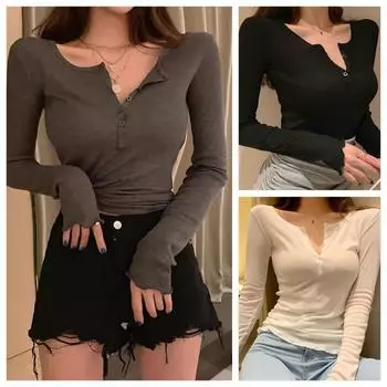 Тонкая сексуальная клубная тонкая футболка, женские футболки, женская одежда, хлопковые корейские модные осенние топы с длинными рукавами, футболки Camisetas De Mujer S чёрный