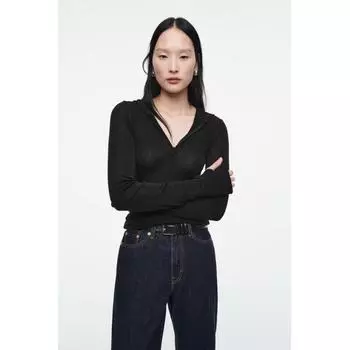 Тонкая шерстяная толстовка с капюшоном COS Japan с застежкой-молнией на половину длины Black/L