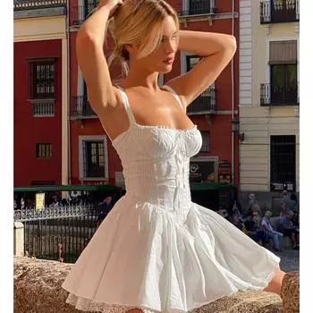 Тонкая талия с подтяжками, платье А-силуэта, летний пасторальный стиль, черная короткая юбка для пикантной девушки.