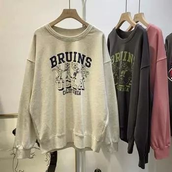 Тонкая толстовка с длинными рукавами, женская осенняя женская одежда, студенческая свободная круглая горловина, универсальная куртка с буквами, пуловеры и длинные рукава (Женский) M темно-серого