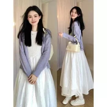 Тонкая верхняя одежда Весенне-летнее платье на бретелях Кардиган Blue Purple S [Recommendation 70/45.00kg]]