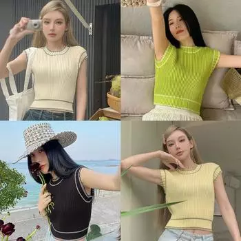 Тонкая вязаная футболка, летние вязаные женские топы без рукавов с круглым вырезом, тонкие однотонные базовые топы ярких цветов