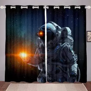 Тонкая занавеска для мальчиков и девочек с изображением астронавта-космонавта, напечатанная на 3D-принтере, космическая галактика, космонавт, занавеска для детской спальни 50W160H(CM)x2Panel&Hook