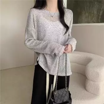 Тонкая женская футболка с длинными рукавами, свободные топы в корейском стиле, нижняя рубашка S зелёный