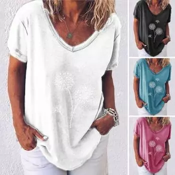 Тонкая женская футболка с v-образным вырезом и коротким рукавом, впитывающая пот, дышащая принт одуванчика 3XL розы красного