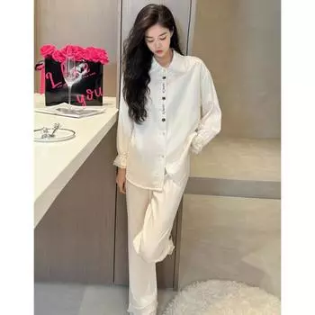 Тонкая женская пижама из тонкого атласа с длинными рукавами и узором «елочка» из ледяного шелка на весну и осень M