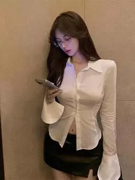 Тонкая женская рубашка с расклешенными рукавами, однобортная однобортная туника с отворотом и повязкой на спине, весенние женские блузки M чёрный