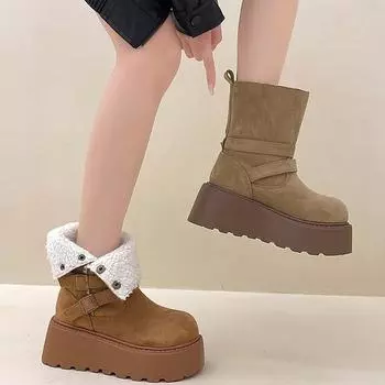 Тонкие ботинки Martin в британском стиле, женские, осень-зима 2024 года, новые европейские ботинки с круглой головкой, увеличивающие средний каблук, модные ботинки 36 хаки