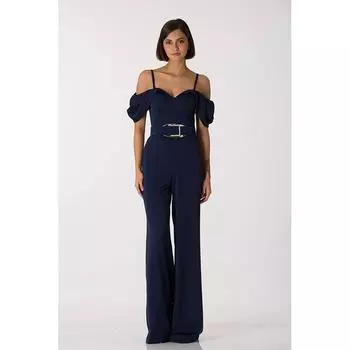 Тонкие бретели с открытыми плечами Темно-синий комбинезон вечернего платья