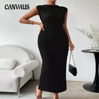 Тонкие длинные женские платья без рукавов с мягкими плечами и плиссированной талией S чёрный