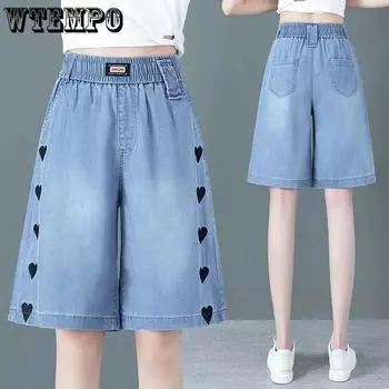 Тонкие джинсовые шорты Tencel, женские летние свободные тонкие брюки с высокой талией, широкие брюки из ледяного шелка с пятью точками S