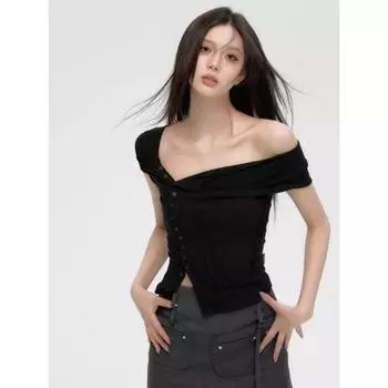 Тонкие футболки, женские уличные шикарные весенние универсальные укороченные топы для школьниц Y2k, однотонные черные футболки с круглым вырезом, милые футболки в корейском стиле S чёрный