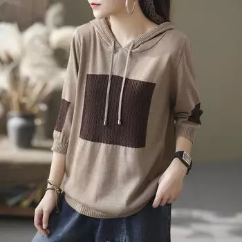 Тонкие камвольные повседневные толстовки в стиле пэчворк, свободный пуловер для отдыха с капюшоном, весенне-осенняя женская одежда, удобная XS чёрный