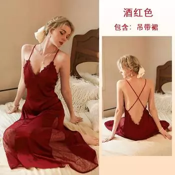 Тонкие кружевные соблазнительные французские пижамы женские сексуальные пижамы женские ледяные шелковые длинные бретели S (80-50kg recommended)