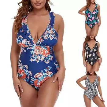 Тонкие летние модные подтяжки с принтом и цельным большим купальником с краями мухи, женское бикини L синий