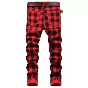 Тонкие облегающие эластичные печатные модные джинсы в клетку для мужчин 30 красный