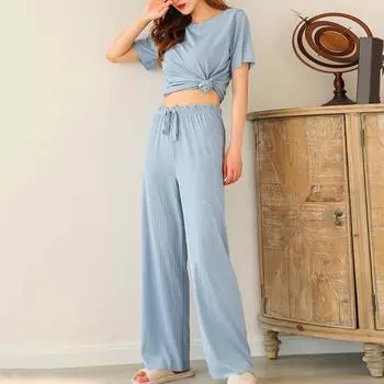 Тонкие пижамы для отдыха, 2 шт./компл., прямые, широкие брюки, популярный однотонный топ, брюки One Size серый